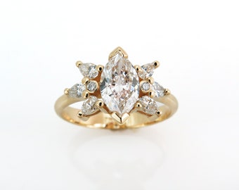 18K Gold Marquise Diamond Engagement Ring, Flower Design Statement Ring