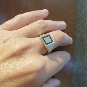 Signet Diamond Ring, Square Diamond Ring, Pinky Ring for Men, Geometric Gold Ring, Modern Signet Ring, Black Enamel Gold Ring,  14k, 18k