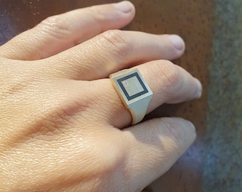 Signet Diamond Ring, Square Diamond Ring, Pinky Ring for Men, Geometric Gold Ring, Modern Signet Ring, Black Enamel Gold Ring,  14k, 18k