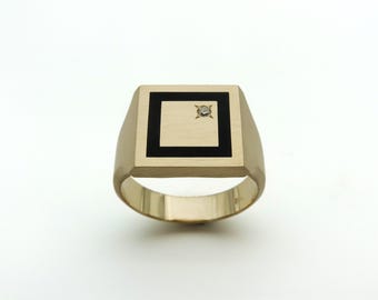 14k Solid Gold Men's Signet Ring: Black Enamel Diamond Square Statement Ring