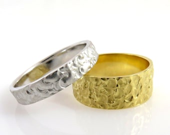 Set di fedi nuziali testurizzate - Anelli coordinati in oro massiccio per lui e per lei, oro massiccio 14k