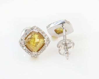 Yellow Diamond Stud Earrings, Diamond Halo Earrings, 1.5 carat Diamond Earrings, Top Quality Diamonds, Cushion Rose Cut Yellow Diamond Studs
