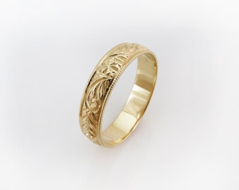 Einzigartiger Ehering, Unisex-Ehering, Vintage-Ehering, Antikgoldring, 18-Karat-Goldring, Musterring, floraler Ehering, 14-Karat-Ring