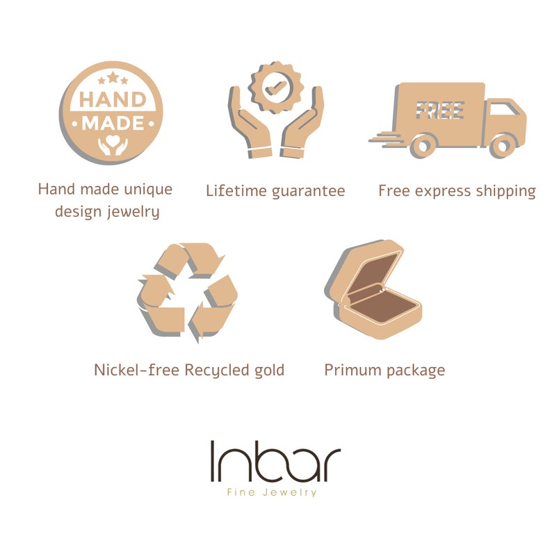 May include: A set of five tan icons representing jewelry services: a handmade badge, a lifetime guarantee symbol, a delivery truck labeled FREE, a recycling triangle, and an open jewelry box, with the text Inbar Fine Jewelry at the bottom.