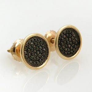 Black Diamond Earrings, Round Gold Earrings, Black Stud Earrings, 14K Gold Earrings for Women, Black and Gold Circle Earrings, Pave Earrings
