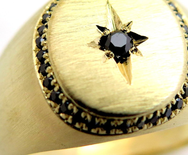 14k Gold Signet Ring for Men with Black Diamond, Engraved Gold Band, Luxury Jewelry, Anniversary Gift for Him