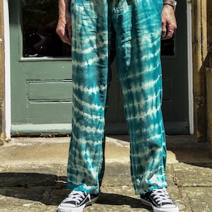 Mens Shibori Linen Trousers - Jade Green Upcycled M&S Linen Chinos - Mens Shibori Pants - 38in Waist 31in Leg