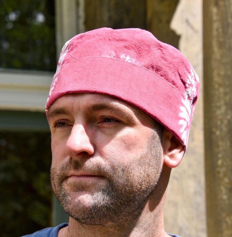 Shibori Hat in Upcycled Organic Cotton Karamatsu Shibori African Style Kufi Hat Raspberry Pink Brimless Hat image 4