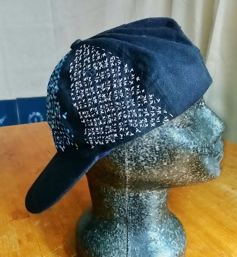 Hand Embroidered Baseball Cap With Reflective Silver and Blue Sashiko ...
