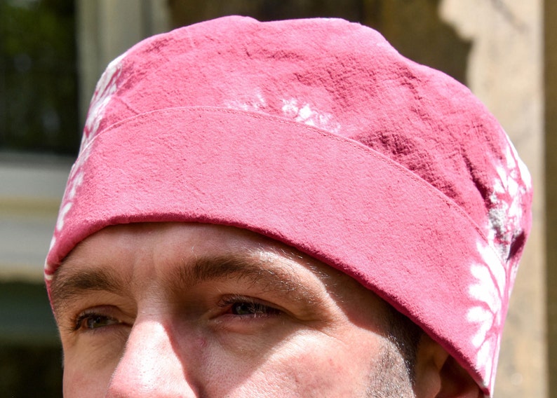 Shibori Hat in Upcycled Organic Cotton Karamatsu Shibori African Style Kufi Hat Raspberry Pink Brimless Hat image 8