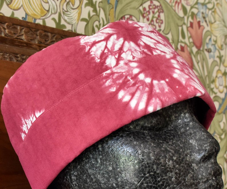 Shibori Hat in Upcycled Organic Cotton Karamatsu Shibori African Style Kufi Hat Raspberry Pink Brimless Hat image 1