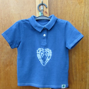 Shibori Toddler&#39;s Polo Shirt - Cobalt Blue Shibori Polo T-shirt for 2 year old - Heart Motif Kids Top with Placket and Scallop Collar