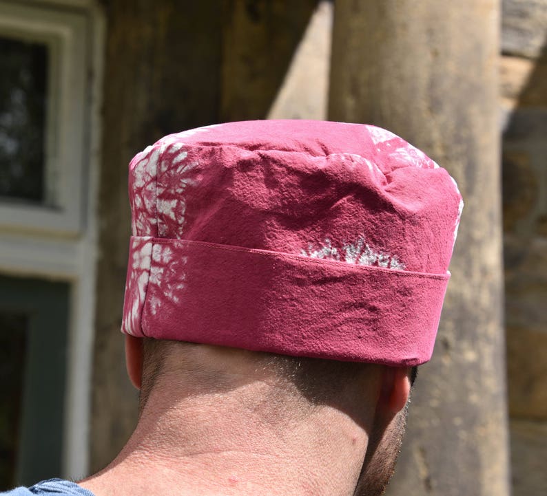 Shibori Hat in Upcycled Organic Cotton Karamatsu Shibori African Style Kufi Hat Raspberry Pink Brimless Hat image 5