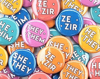 Assorted Colorful Pronoun Pins | Bulk Pronoun Buttons for groups, events, and organizations: She/Her, He/Him, She/They, He/They, Neopronouns