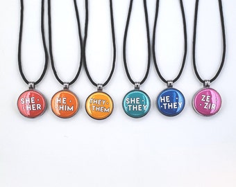 Retro Rainbow Pronoun Necklace | Magnetic Necklace | She/Her, He/Him, They/Them, She/They, He/They, Ze/Zir, Ze/Hir, Ey/Em