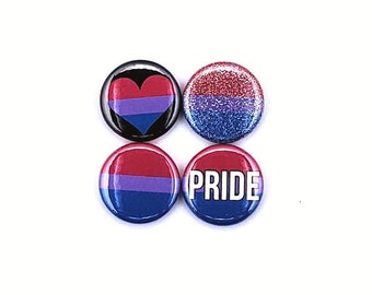 Botones de orgullo bisexual: bandera bisexual, purpurina, corazón y bandera del orgullo - Juego de 4