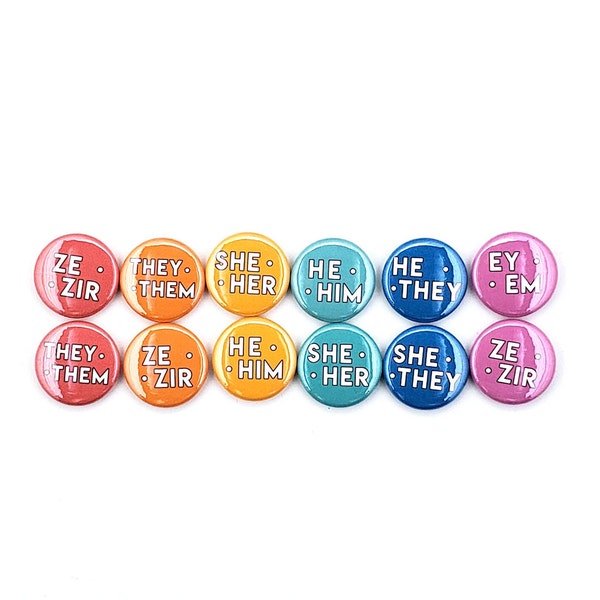 Retro Rainbow Pronoun Pins | She/Her, He/Him, They/Them, She/They, He/They Ze/Zir, Ze/Hir, Ey/Em