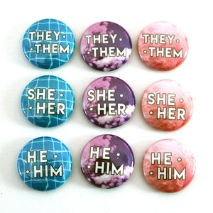 Pink Purple and Blue Pronoun Pin | They/Them, She/Her, He/Him | Trans, Nonbinary, Genderfluid, Genderqueer Pronoun Button