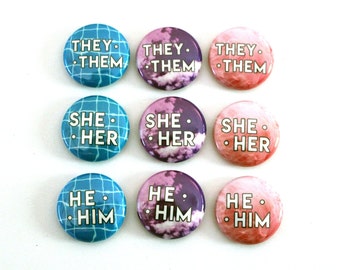 Pink Purple and Blue Pronoun Pin | They/Them, She/Her, He/Him | Trans, Nonbinary, Genderfluid, Genderqueer Pronoun Button