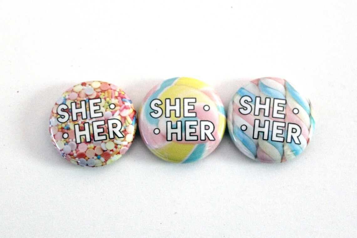 Candy Pastel Pronoun Pin | They/them, She/her, He/him | Trans ...