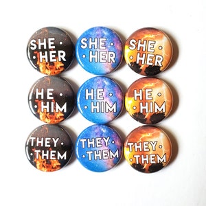 Element Pronoun Pins | Fire Pronoun Pin, Galaxy Pronoun Pin & Lightning Pronoun Pin | They/Them, She/Her, He/Him