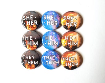 Element Pronoun Pins | Fire Pronoun Pin, Galaxy Pronoun Pin & Lightning Pronoun Pin | They/Them, She/Her, He/Him