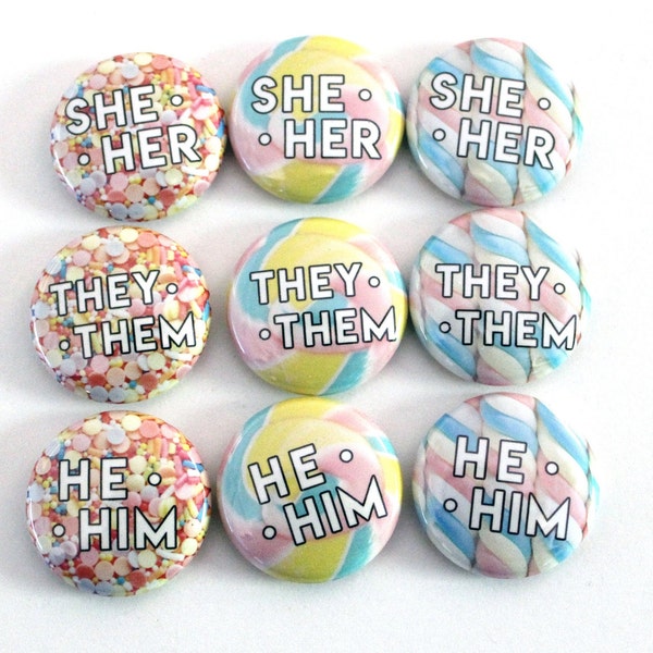 Candy Pastel Pronoun Pin | They/Them, She/Her, He/Him | Trans, Nonbinary, Genderfluid, Genderqueer Pronoun Button