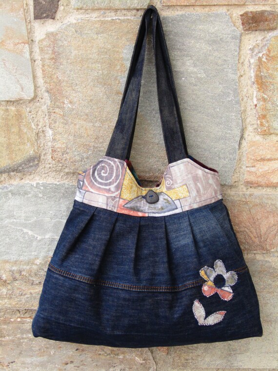 Items similar to Upcycled denim an upholstery fabric tote bag on Etsy