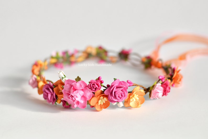 Orange Pink Flower Crown Floral Crown Flower Girl Crown Wedding Flower Crown Floral Crown Adult Flower Girl Hair Accessory Hair Crown