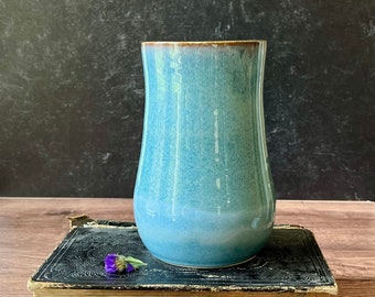 Handmade ceramic vase with blue glaze- wheel thrown ceramic flower vase, blue home decor- wedding gift, housewarming gift, mother's day gift