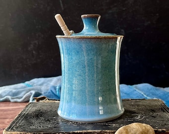 Ceramic honey pot or sugar bowl (12 oz)- handmade ceramic blue honey pot and dipper- housewarming gift, wedding gift