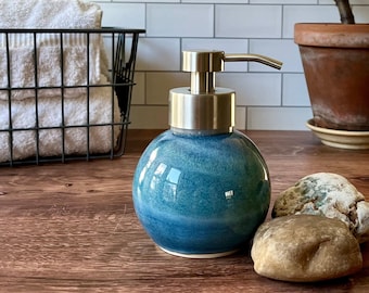 Blue foaming soap dispenser- round soap pump, stainless steel foaming soap pump (14 oz), dark blue soap foamer- handmade ceramic pump