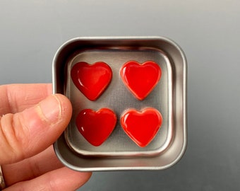 Handmade Red Heart Magnets: Ceramic Fridge Magnets in Tin