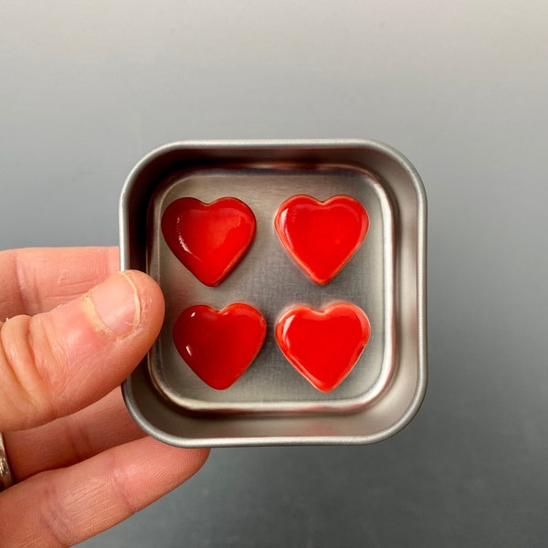 Red heart magnets in tin- handmade ceramic magnets- ceramic fridge magnets in square tin, red hearts, heart gift, love gift