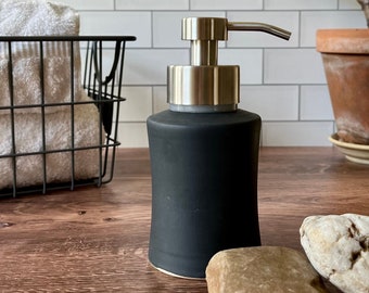 Foam soap pump, charcoal black glaze- ceramic foaming soap dispenser with metal pump (10 oz), wheel thrown pottery soap dispenser