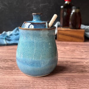Blue honey pot or sugar bowl 14 oz wheel thrown ceramic image 1