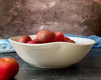 Handmade ceramic serving dish- altered bowl with white glazes- wheel thrown ceramic bowl- blue serving bowl- fruit bowl, centerpiece bowl