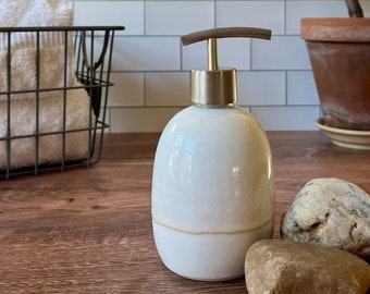 Handmade ceramic soap dispenser or lotion pump (holds 10 oz), satin eggshell white and off-white glaze- modern farmhouse ceramic soap pump