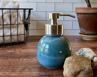 Ceramic foaming soap dispenser (12 oz)- blue soap pump- stainless steel or gold foaming pump, wheel thrown soap foamer