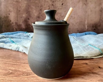 Ceramic honey pot or sugar bowl (16 oz)- includes honey dipper- matte black and sky blue ceramic honey pot- housewarming gift