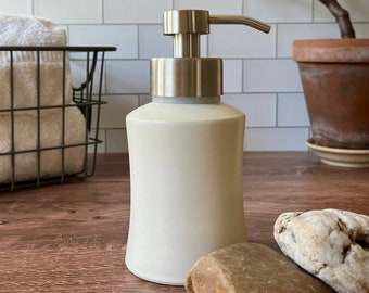 Ceramic soap foamer, satin eggshell white- metal foaming soap pump (holds 12 oz)- wheel thrown ceramic foam soap dispenser