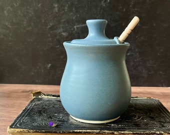 Ceramic honey pot or sugar bowl (14 oz)- includes honey dipper- matte blue glaze- sweet birthday gift, housewarming gift, wedding gift