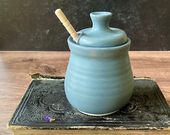 Ceramic honey pot/ sugar bowl (12 oz)- includes honey dipper- matte blue glaze- housewarming gift, wedding gift