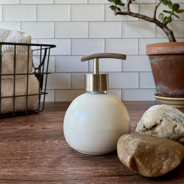 Ceramic soap dispenser or lotion pump (holds 8 oz), satin eggshell white soap pump, wheel thrown ceramic soap dispenser- minimalist decor