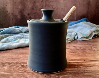 Ceramic honey pot/ sugar bowl (12 oz)- includes honey dipper- matte black and sky blue- handmade ceramic honey pot- housewarming gift