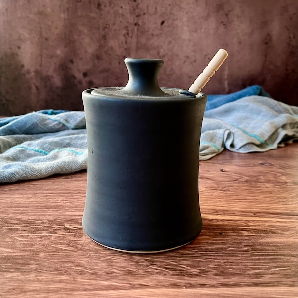 Ceramic honey pot/ sugar bowl (12 oz)- includes honey dipper- matte black and sky blue- handmade ceramic honey pot- housewarming gift