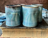 Blue ceramic cup (6 oz)- squared cup- handleless mug, or for sake, wine, juice, tea or coffee- handmade wheel thrown cup