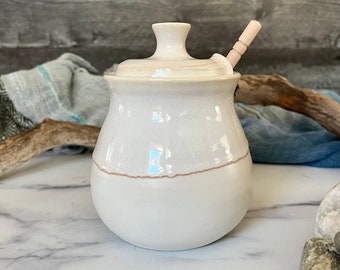 Ceramic honey pot or sugar bowl (14 oz)- eggshell white honey pot- wheel thrown honey pot and dipper- housewarming gift, wedding gift