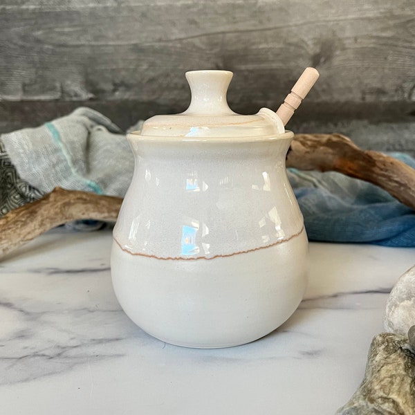Ceramic honey pot or sugar bowl (14 oz)- eggshell white honey pot- wheel thrown honey pot and dipper- housewarming gift, wedding gift