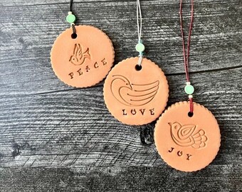 Essential oil diffuser ornament- Peace, Love, or Joy with birds- aromatherapy Christmas ornament, terracotta pottery ornament, bird ornament